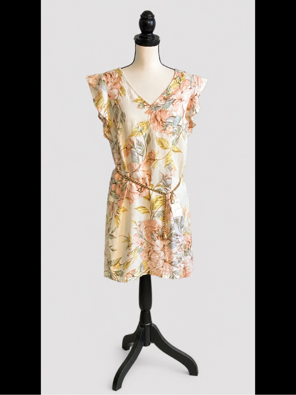 Nicole Miller Linen Flutter Sleeve Dress with Peach Floral Print